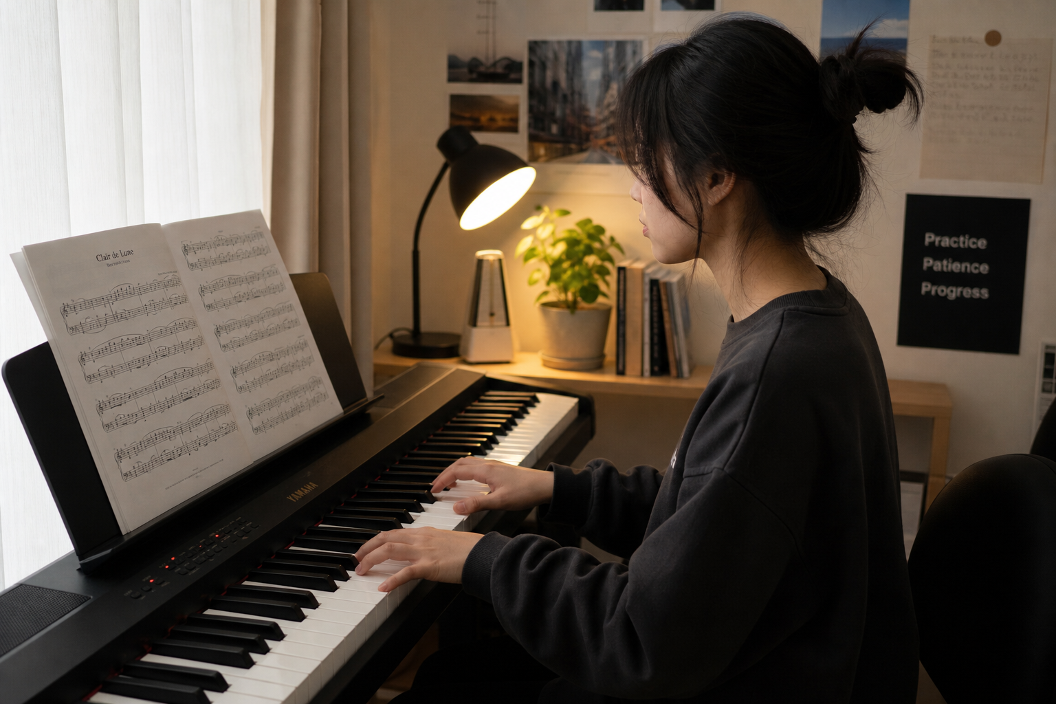 Student practicing on a LAGRIMA digital piano with sheet music