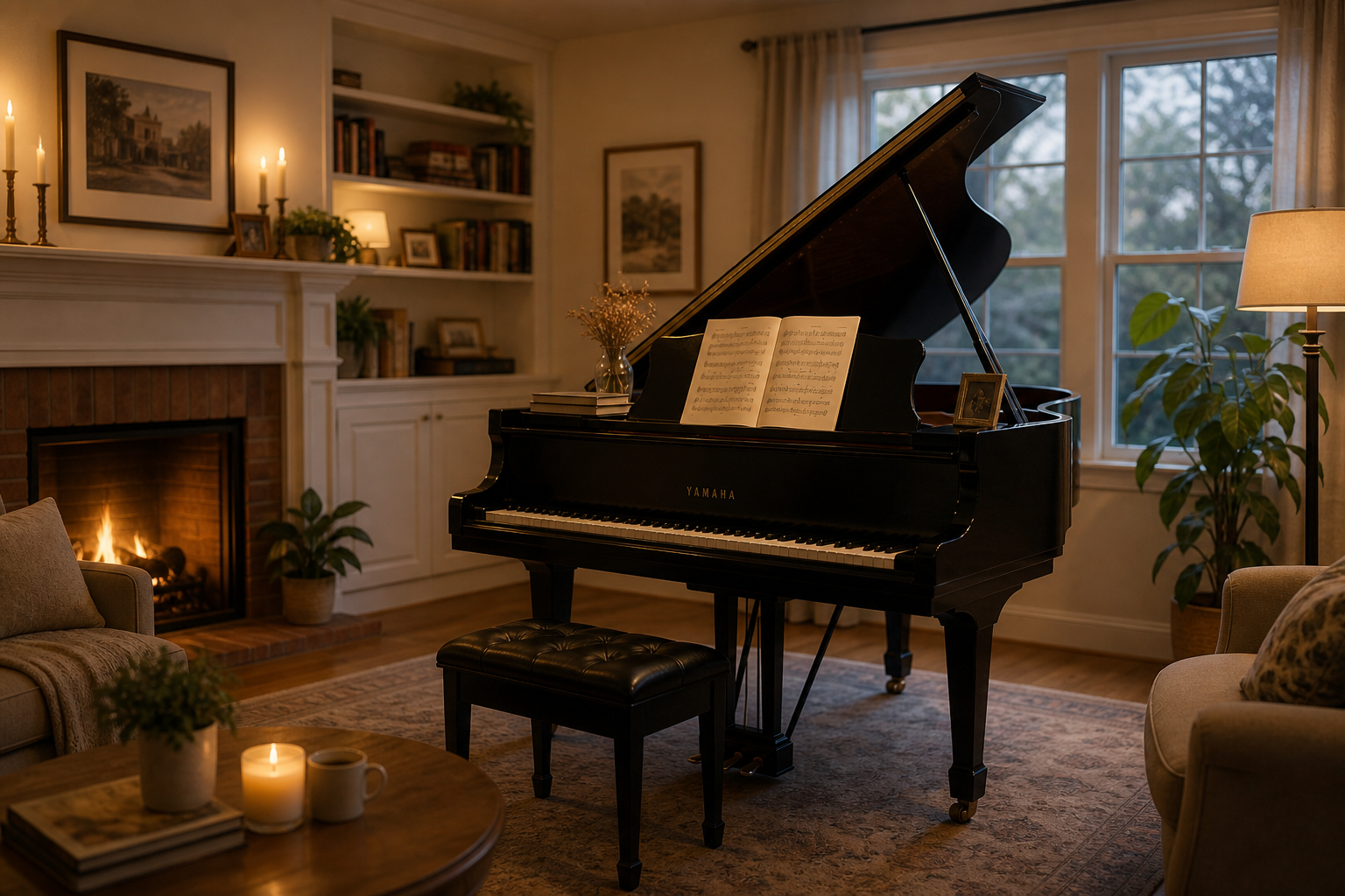 LAGRIMA upright digital piano beside a window in a family home